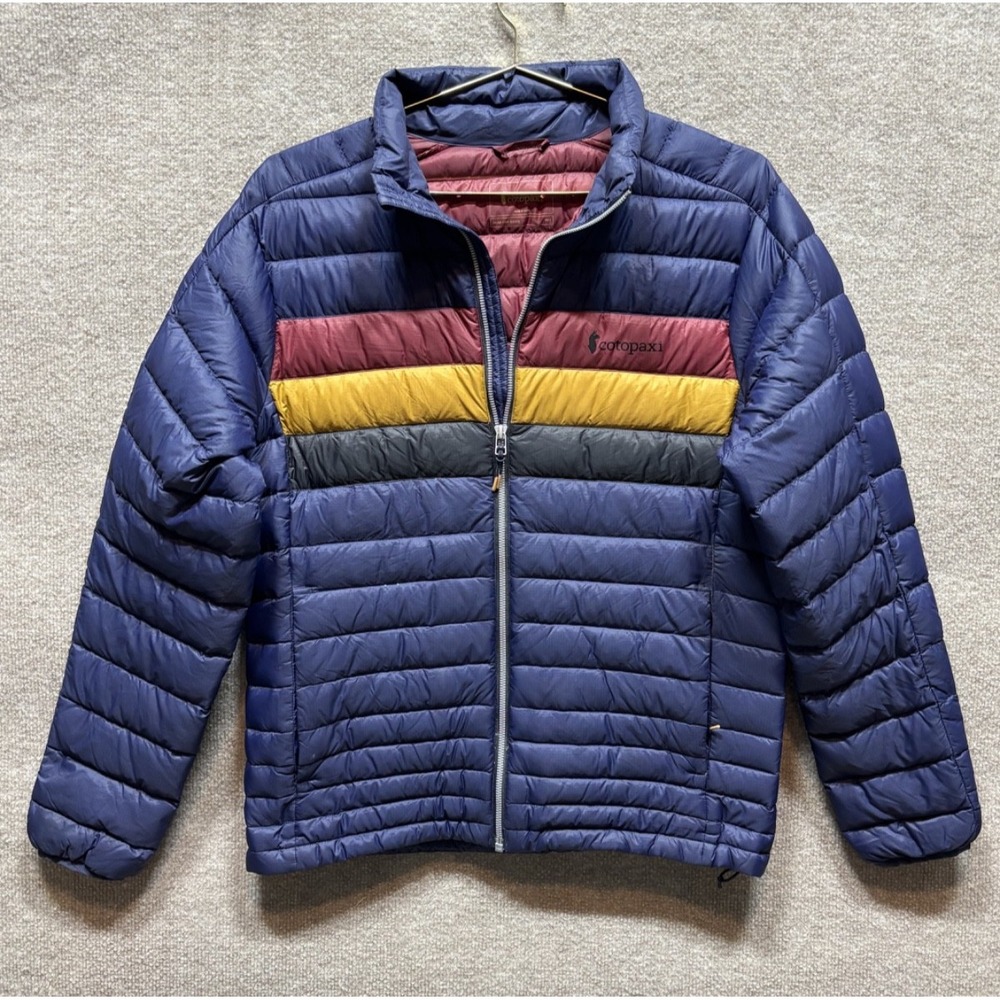 Cotopaxi Mens Medium Fuego Down Filled Puffer Jacket Gorpcore Navy Blue Stripe